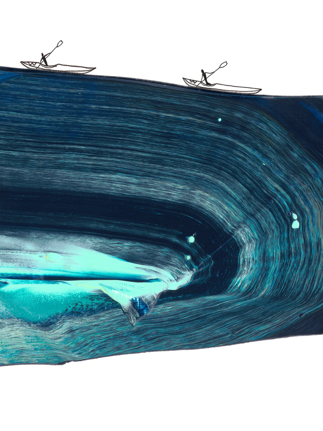 Detail of Free From Source to Sea showing two kayakers on a deep blue bend in the river