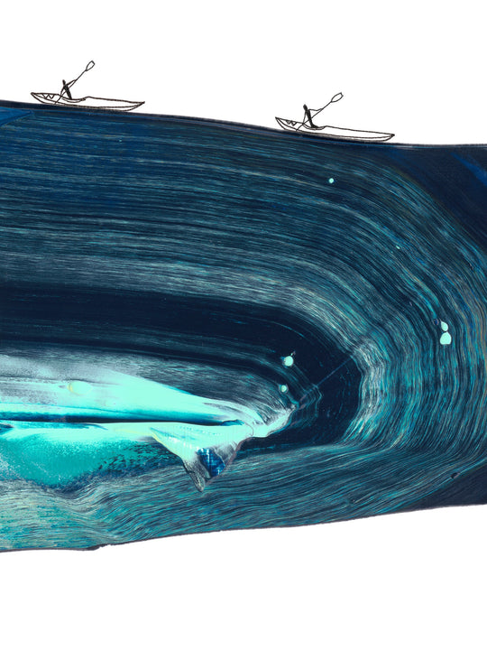 Detail of Free From Source to Sea showing two kayakers on a deep blue bend in the river