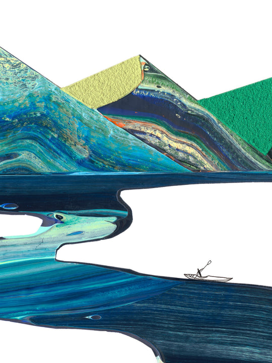Detail of Free From Source to Sea showing layered mountains above the river with a small kayaker